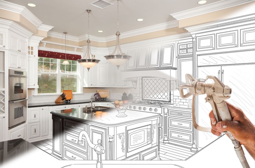 An illustration meant to showcase kitchen remodeling blueprints come to life using a hose to represent the illustration being translated into reality