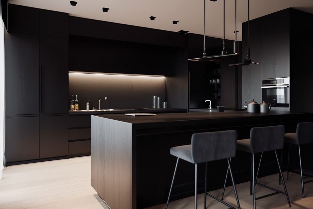 A close up of a modern kitchen with an island and built-in countertop