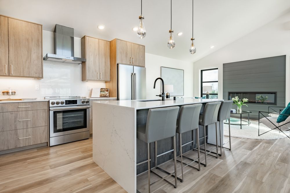 A closeup of a kitchen with an emphasis on lighting in its design elements