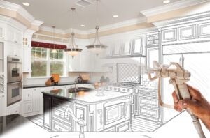 An illustration meant to showcase kitchen remodeling blueprints come to life using a hose to represent the illustration being translated into reality