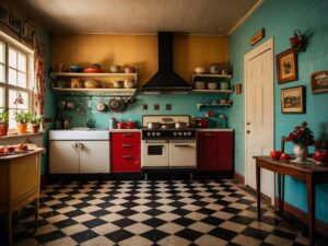 A closeup of a kitchen incorporating vintage design elements, including checkered floors and weathered furniture