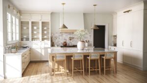 A close up of a kitchen with light colors and open space, eliciting the feeling of coziness